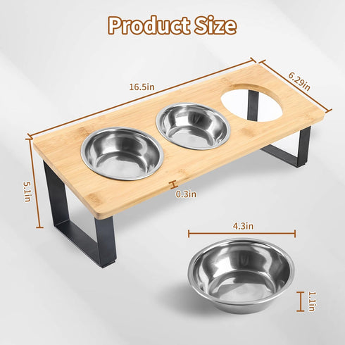 Elevated Cat Bowls, 15° Tilted Stainless Steel Cat Bowls for Indoor Cats, Anti Vomit Bamboo Stand with 3 Feeder Bowls