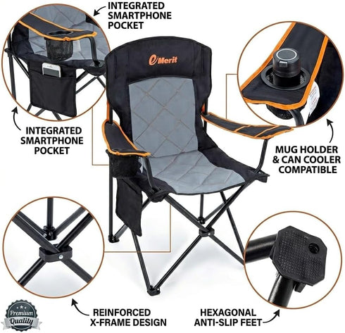 350LB EMERIT Oversized Padded Camping Chair, Heavy Duty Quad Fold Chair with Arms, Collapsible Outdoor Chairs