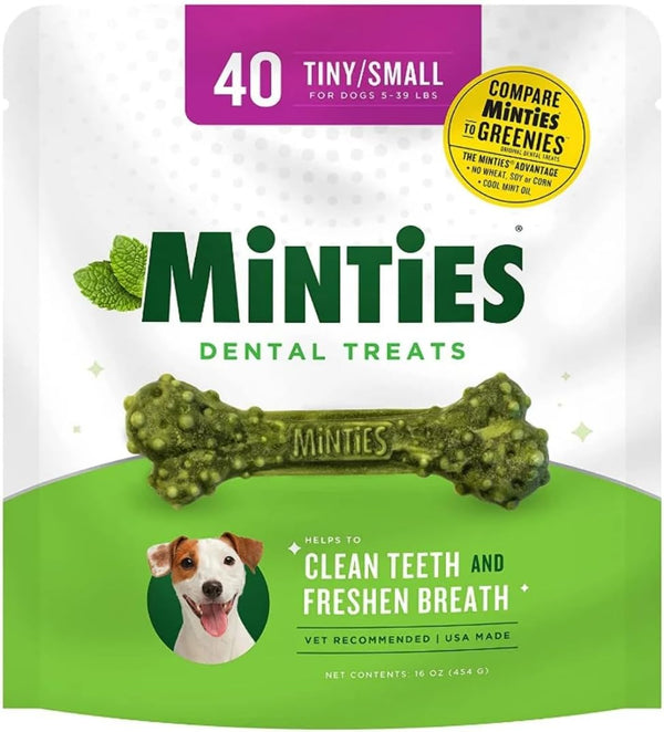Minties Dental Chews for Dogs, 40 Count, Vet-Recommended Mint-Flavored Dental Treats for Tiny/Small Dogs 5-24 lbs, Dental Bones Clean Teeth, Fight Bad Breath, and Removes Plaque and Tartar