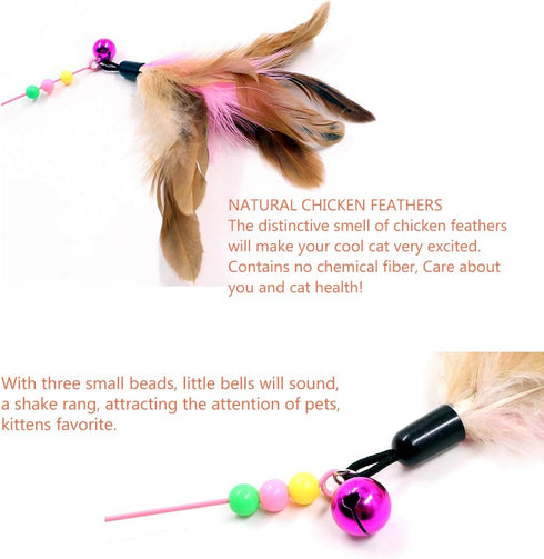 Cat Feather Toy Bundle, 5 Pack Interactive Pet Cat Kitten Chaser Teaser Wire Wand with Bell Beads for Play