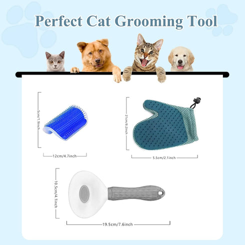 4 Pcs Cat Grooming Kit: Self-Cleaning Slicker Brush, Deshedding Glove & Corner Massagers for Shedding