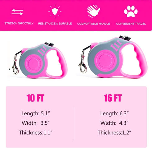Retractable Dog Leash, Lightweight 10/16FT with Non-Slip Handle for Small Medium Dogs (Gray Pink, 16 FT)