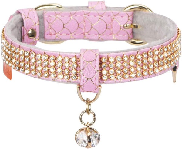 PetsHome Premium PU Leather Cat Collar, Dog Collar with Bling Rhinestones, Adjustable for Extra Small Pink Cat and