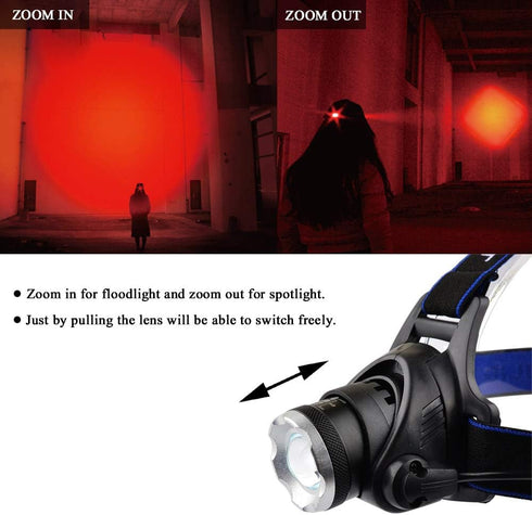 Zoomable LED Hunting Red Light Headlamp with 3 Lighting Modes, Water Resistant for Running, Camping, Hiking, Reading