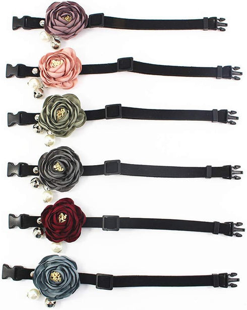 Peony Flower Cat Dog Collar Bow Tie - Suede Puppy Necklace with Bell Pearl, Adjustable Handmade (Pink, Size S)