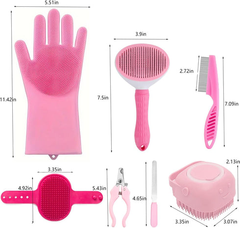 KEEPLKVOC 8PCS SetDog Grooming(8PCS-Bath-Pink) Dog Bath Supplies Washing GlovesShampoo Brush, Shedding Slicker