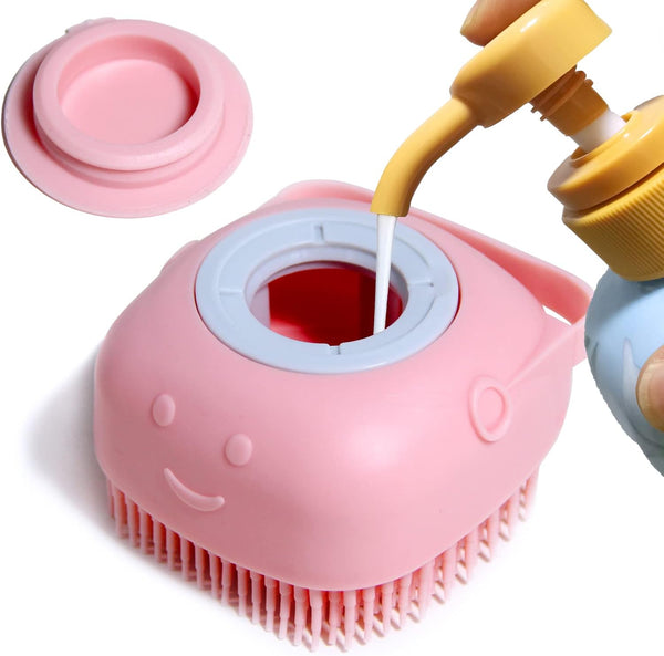 Pet Bath Brush, Soft Silicone Dog Bathing Brush with Shampoo Dispenser for Cats and Dogs (Pink)