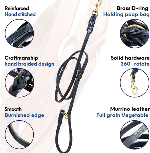 Multi Function 8ft Genuine Leather Dog Leash - Hands Free Training for Small, Medium, Large Dogs (Black)