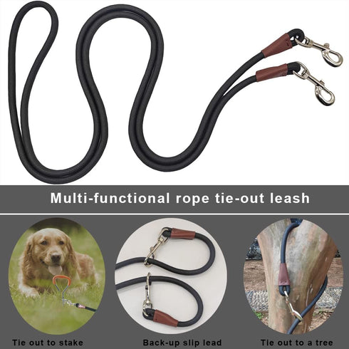 Tie Out Rope Dog Leash, Heavy Duty Nylon Check Cord for Medium Large Dogs, Indoor/Outdoor, Black, 3/8" x 10ft