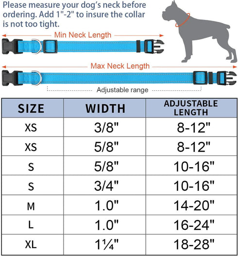 Taglory Reflective Adjustable Dog Collars for Small, Medium, Large Dogs - Aqua Blue, XSmall, Thin Nylon Webbing