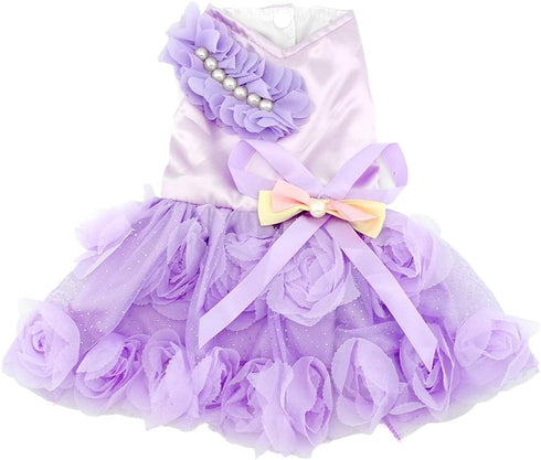 SMALLLEE_LUCKY_STORE Pet Small Dog Wedding Dress with Bowknot - Birthday Party Costume, Satin Rose Pearls, Girl Formal