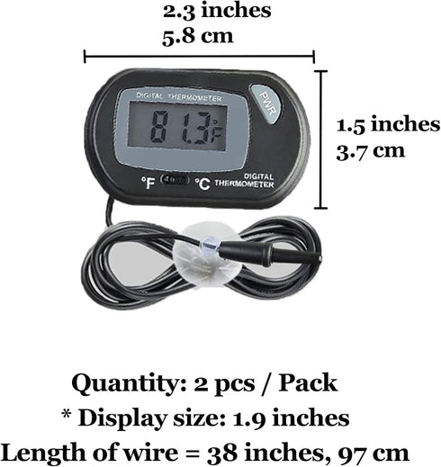 SunGrow Digital Betta Thermometer for Tropical Aquarium Fish, Black Color, 4 Suction Cups and 2 Batteries Included, 2