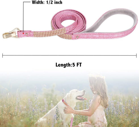 PetsHome 5 FT Dog Leash, Premium PU Leather Pet Leash with Bling Rhinestones for Small to Medium Dogs, Pink