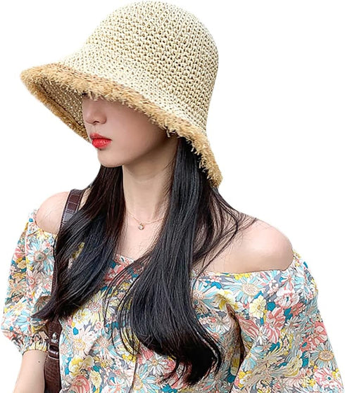 Women's Floppy Cloche Straw Hat, Wide Brim Straw Bucket Hat for Sun Protection UPF 50+
