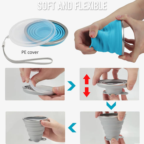 JBER Silicone Collapsible Travel Cup, Folding Camping Cup with Lids for Outdoor Hiking and Travel