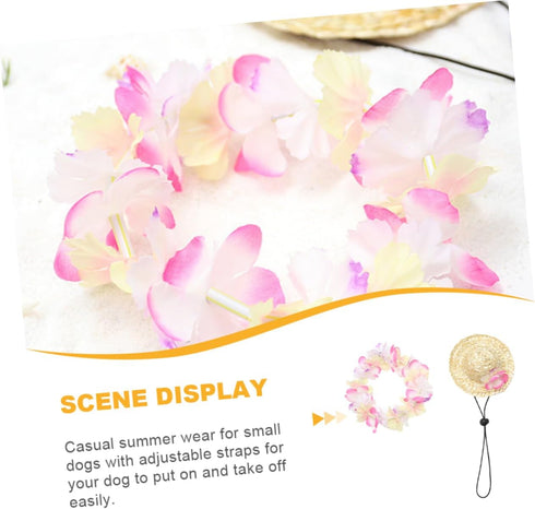1 Set Mini Straw Hat and Flower Headband for Pets, Cat Floral Headpiece, Hawaiian Dog Hat, Puppy Grooming Accessories