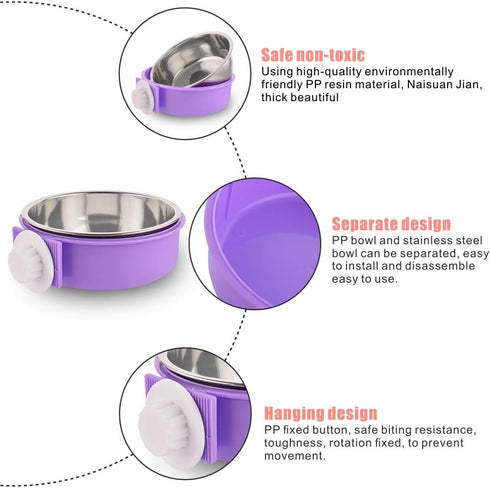 Crate Dog Bowl Removable Stainless Steel Water Food Feeder Bowls - Cage Coop Cup for Cat Puppy Bird Pets (Large, Purple)