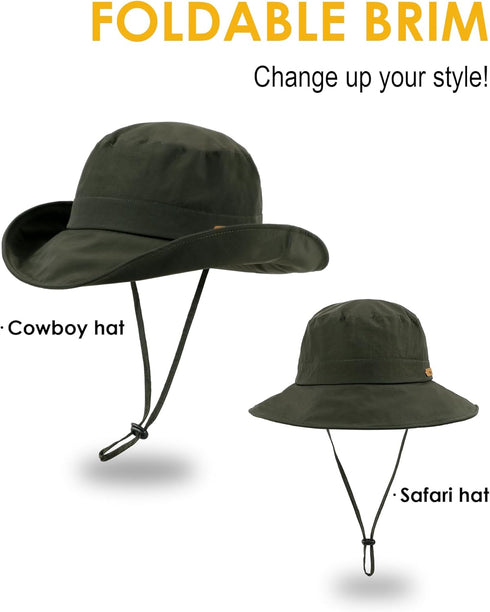 Waterproof Bucket Hats for Women and Men, Foldable Brim UPF 50+ Floppy Cowboy Rain Hat for Hiking