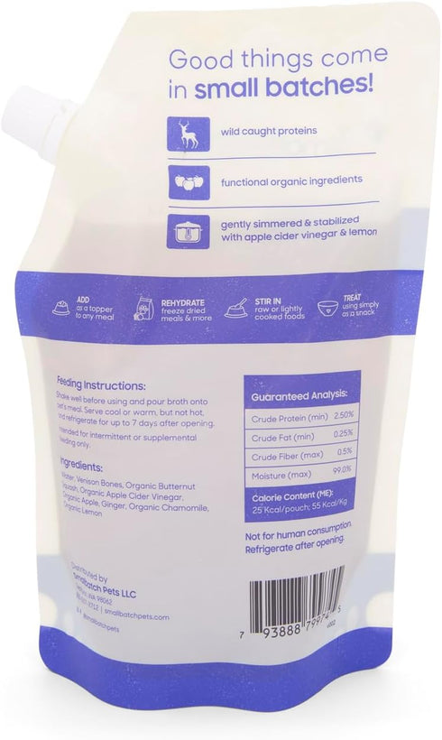 smallbatch Pets Shelf Stable Bone Broth, Venison Recipe with Prebiotics & Adaptogens, Topper for Dogs - 16 Ounce