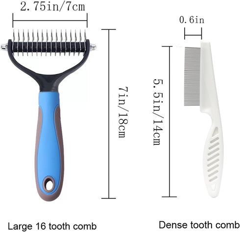 Double Sided Undercoat Rake Comb - Pet Grooming Tool for Dog and Cat Shedding, Dematting, Flea Comb Set (Blue/16 tooth)