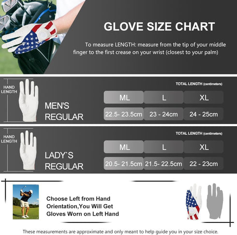 Golf Gloves Left Hand with Ball Marker, Men Women USA Flag Synthetic Leather Adjustable Strap