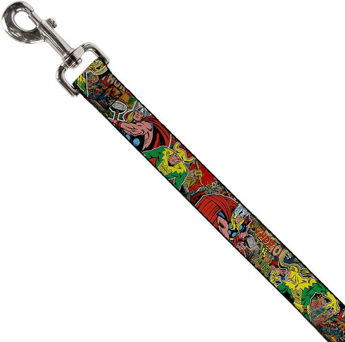Buckle-Down Pet Leash - Thor & Loki Poses/Retro Comic Books Stacked - 4 Feet Long - 1" Wide