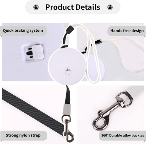 Retractable Dog Leash for Small and Medium Dogs up to 22lbs with 9.8ft Strong Nylon Tape, Hands Free, Portable and Lightweight Leash with Wrist Strap, One-Hand Brake, Tangle Free (White)