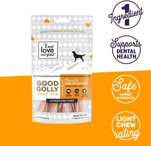I and love and you Good Golly Gullet Stix - Beef - Rawhide Alternative, Single Ingredient, Free Range Grass Fed Beef, 6in, 5ct