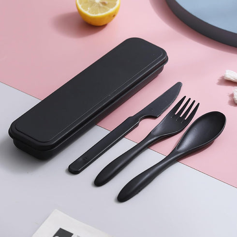 Reusable Travel Utensils Set with Case, 4 Sets Wheat Straw Portable Plastic Cutlery for Kids, Adults, Daily Use (Black)