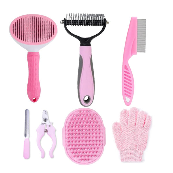 7 PCS Pet Grooming Kits, Pet Self-Cleaning Brush, Pet Shedding Brush, Nail Clipper, Flea Comb, Shampoo Bath Brush