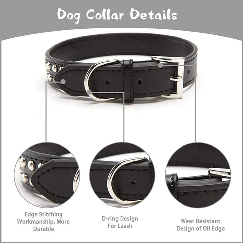 BINGPET Adjustable Leather Dog Collar, Real Split PU Leather, Studded Pet Collar for Small Medium Large Dogs