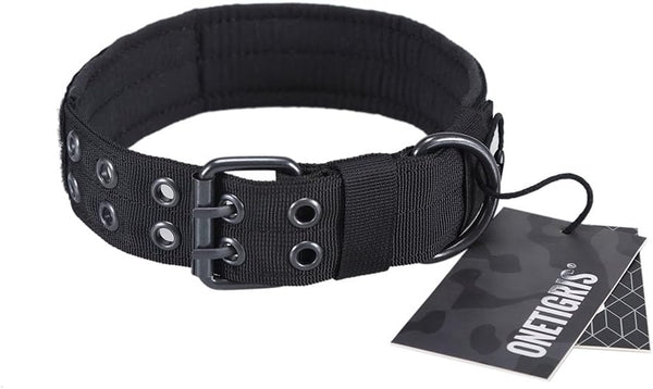 OneTigris Military Adjustable Dog Collar, Metal D Ring & Buckle, 2 Sizes, Black, M