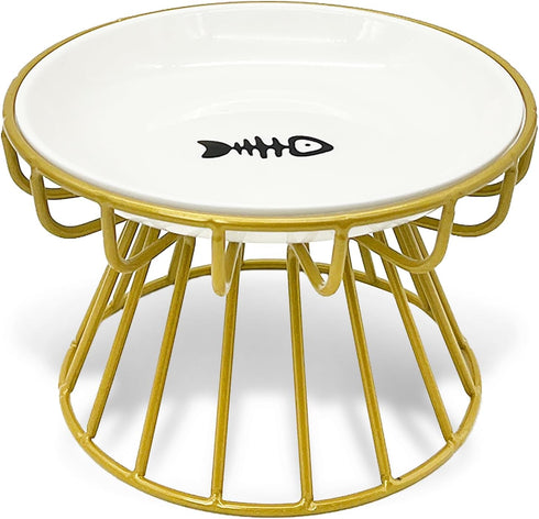 BNOSDM Elevated Cat Plate, Shallow Ceramic Dish with Gold Stand, Whisker Fatigue Flat Bowl for Indoor Small Cats and