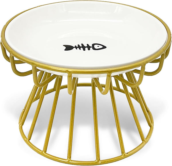 BNOSDM Elevated Cat Plate, Shallow Ceramic Dish with Gold Stand, Whisker Fatigue Flat Bowl for Indoor Small Cats and