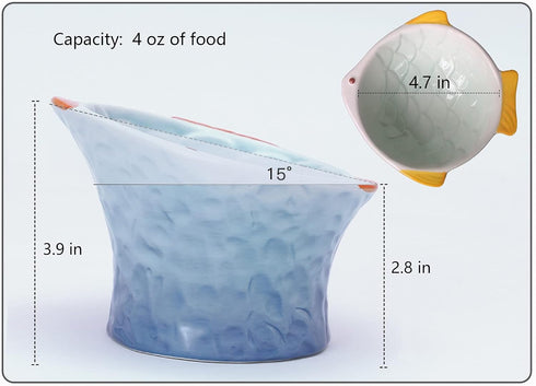 Raised Tilted Ceramic Cat Food Bowl - Cute Fish Shape Elevated Slanted Dish for Kitty Feeding, Ergonomic Anti Vomiting