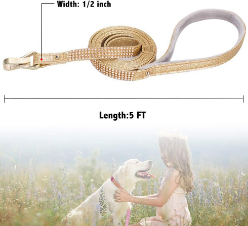 PetsHome Dog Leash with Bling Rhinestones - Premium PU Leather, Durable 5 FT Leash for Small to Medium Dogs, Gold