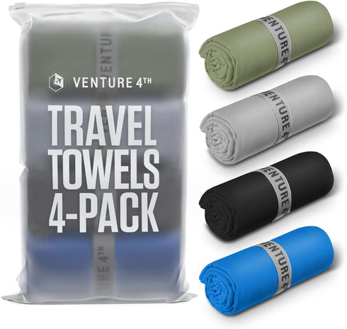VENTURE 4TH - 4pcs Quick Dry Microfiber Travel Towels Ideal for Camping, Hiking, Gym - Lightweight & Fast Drying