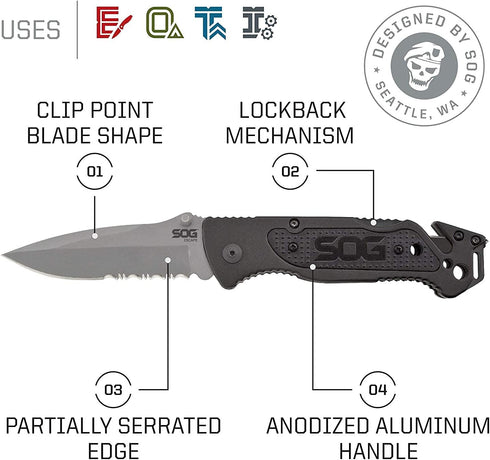 SOG Escape Tactical Folding Pocket Knife - 3.4 Inch Serrated Edge Blade with Glass Breaker, Black