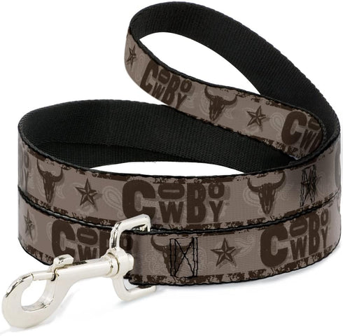 Buckle-Down Pet Leash, Western Cowboy Icons Collage in Tan Browns, 6 Feet Long, 0.5 Inch Wide