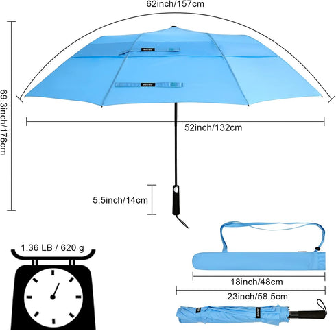 G4Free 62inch Portable Golf Umbrella, Automatic Open Large Oversize Vented Double Canopy Windproof Waterproof (Sky Blue)