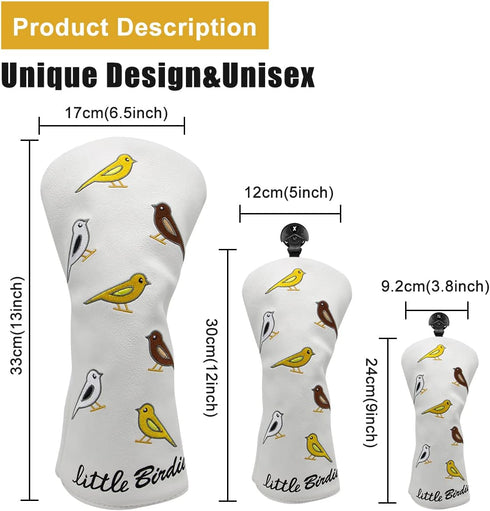 Golf Club Headcover Golf Birdie Birds Driver Fairway Wood Hybrid Wood Head Cover, 3pcs