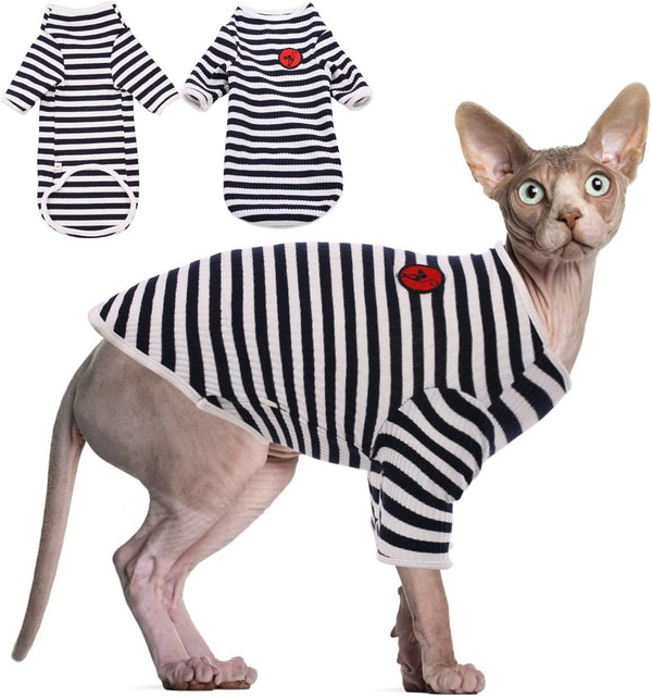 DENTRUN Breathable Hairless Cats Shirt, Adorable Stripe Vest Pajamas Jumpsuit, Soft & Skin-Friendly Daily Wear