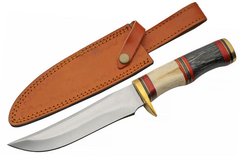 SZCO Supplies 203456 Outdoor Hunting Knife with Bone and Wood Handle, 11.5" Length and Leather Sheath