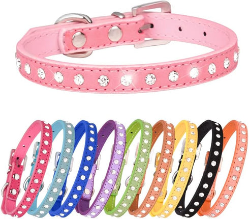 Suede Leather Rhinestone Dog Collar, Colorful Bling Crystal Diamond for XS Small Pets, Red