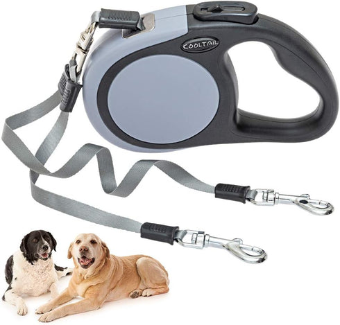 KOOLTAIL Dual Retractable Dog Leash for Two Dogs, Heavy Duty Double Headed 16 ft, Tangle-Free, Grey