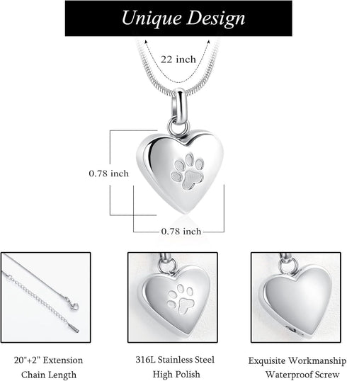 zeqingjw Pet Cremation Jewelry for Ashes, Paw Print Heart Urn Necklace Memorial Keepsake for Pet/Dog's/Cat's Ashes