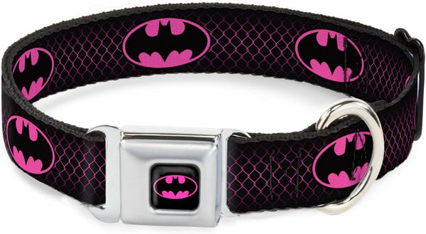 Dog Collar Seatbelt Buckle - Batman Shield Chainlink Black Hot Pink, 1.5 Inch Wide, 20 to 31 Inches