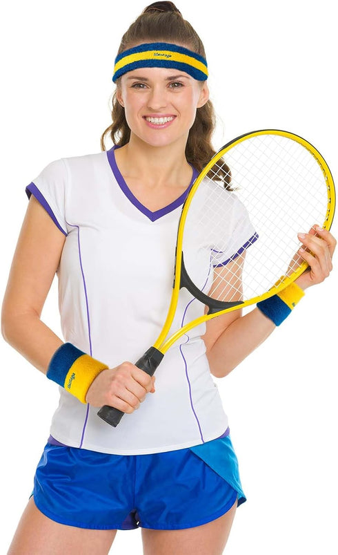 Muztaga Sports Wristbands for Men & Women - Blue & Yellow Two-Tone Soft Breathable Terry Cloth | Moisture Wicking