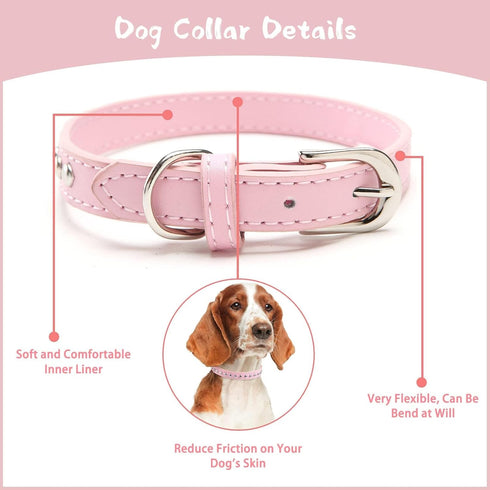 BINGPET Dog Leather Collar, Adjustable Real Split Leather Studded Pet Collar, Durable for Small Medium Large Dogs, Pink