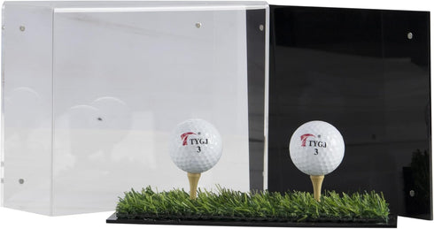 Golf Ball Display Case Stand with Turf Base, for balls from Hole-in-One or Best Score Games with backing to hold the
